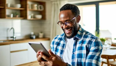 Illustration of a happy homeowner reviewing mortgage options on a digital device Illustration of a happy homeowner reviewing mortgage options on a digital device