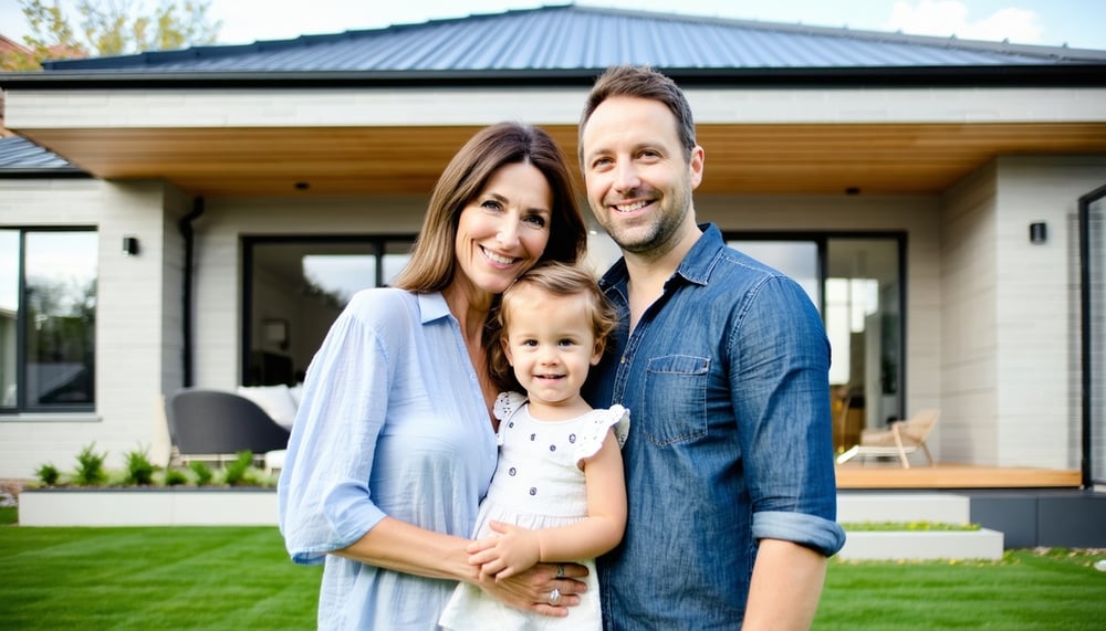 Happy family in front of their new home Happy family in front of their new home